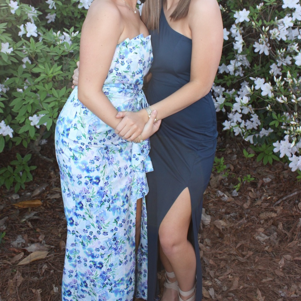 Navy one shoulder maxi dress